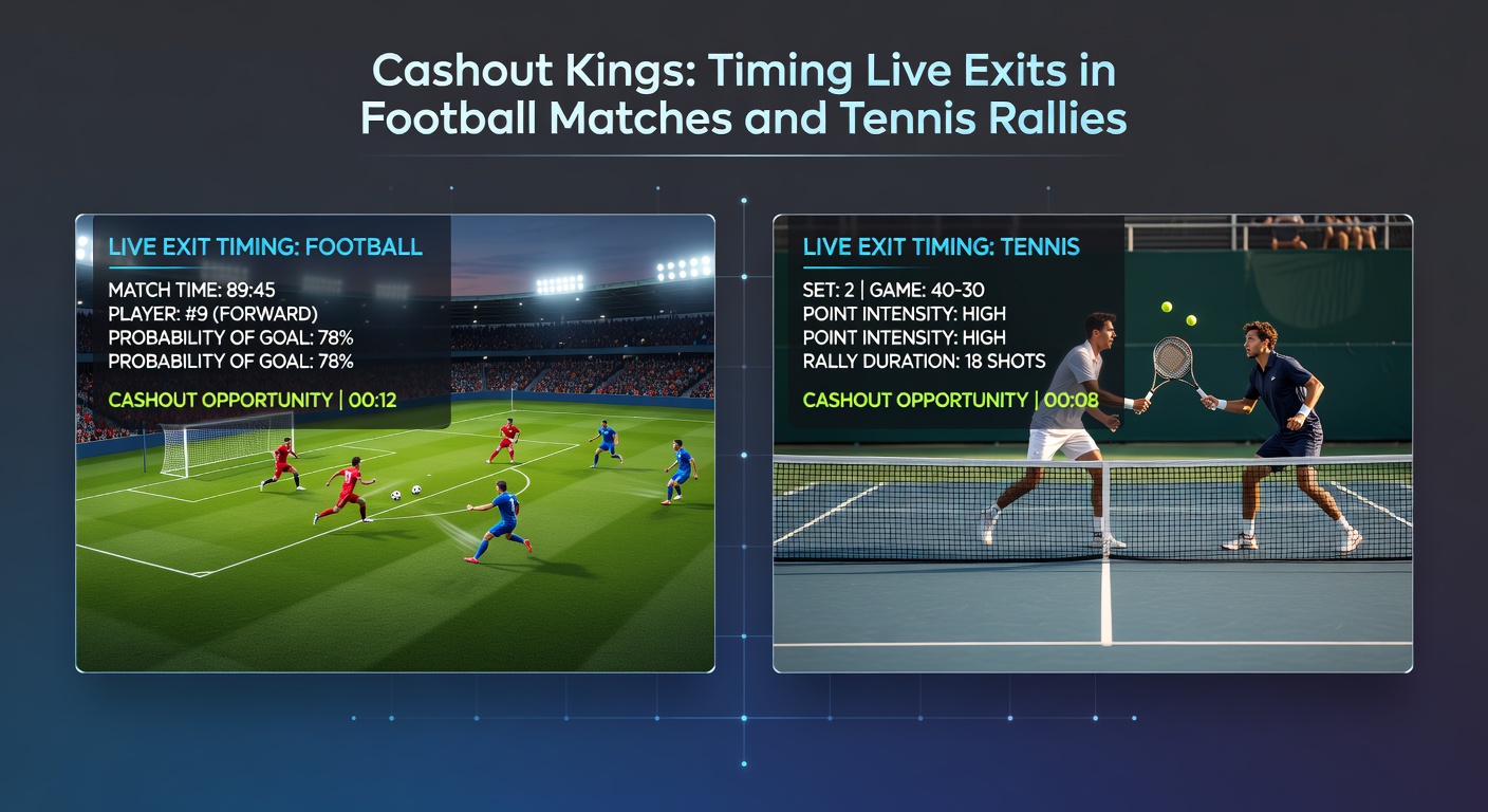 Tennis-Spieler in einer intensiven Rallye mit digitalem Cashout-Button im Vordergrund, der den Moment des entscheidenden Exits visualisiert